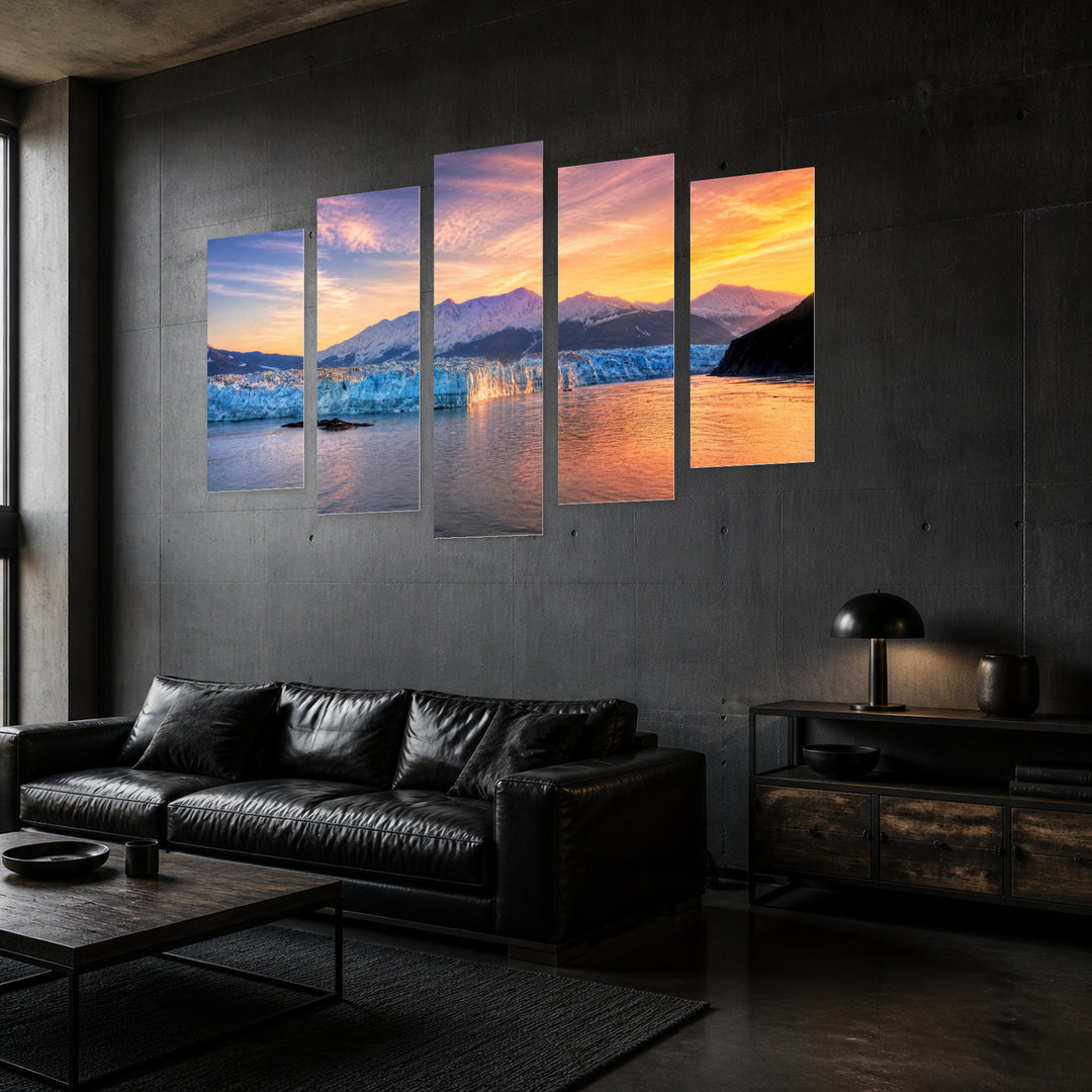 Sunrise over Glacier with Dreamlike Atmosphere — five-panel wall art in perspective interior | 5wallart 55572 M2