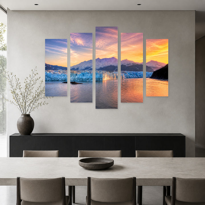 Sunrise over Glacier with Dreamlike Atmosphere — five-panel wall art in frontal interior | 5wallart 55572 M3