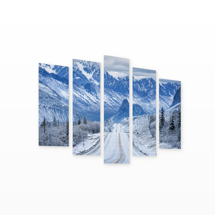 Road in Alaska in Winter — five-panel wall art on white background in perspective | 5wallart 55573 M1