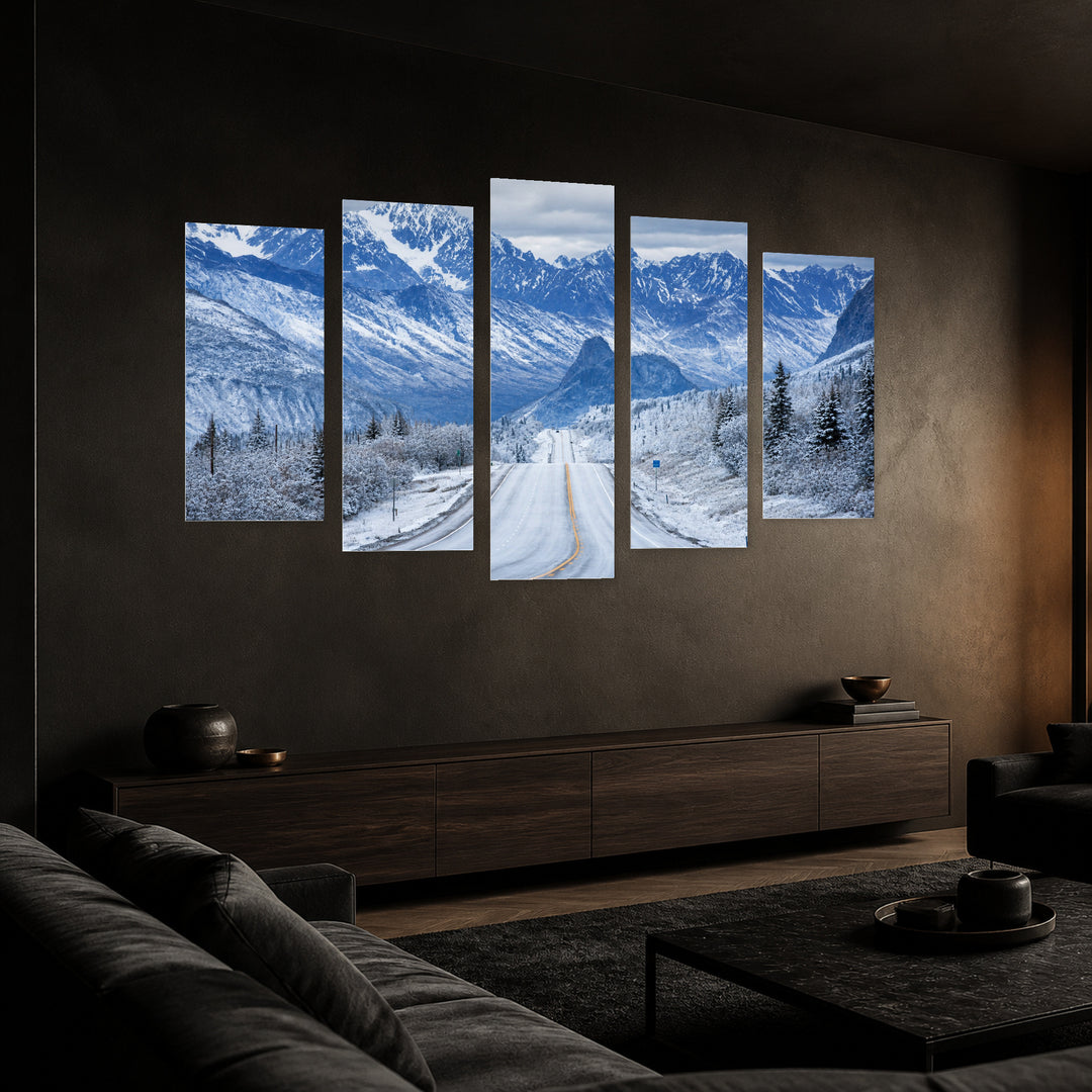 Road in Alaska in Winter — five-panel wall art in perspective interior | 5wallart 55573 M2