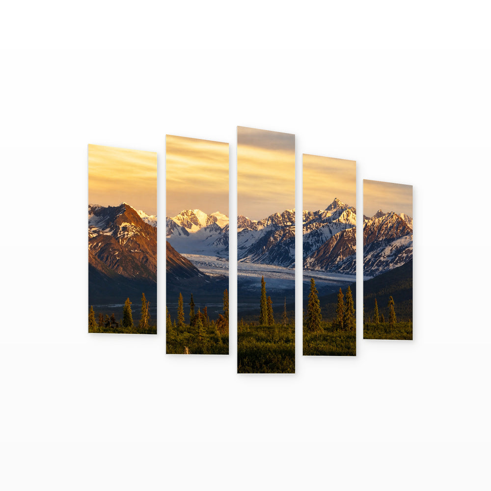 Landscape in Alaska at Golden Sunset — five-panel wall art on white background in perspective | 5wallart 55574 M1