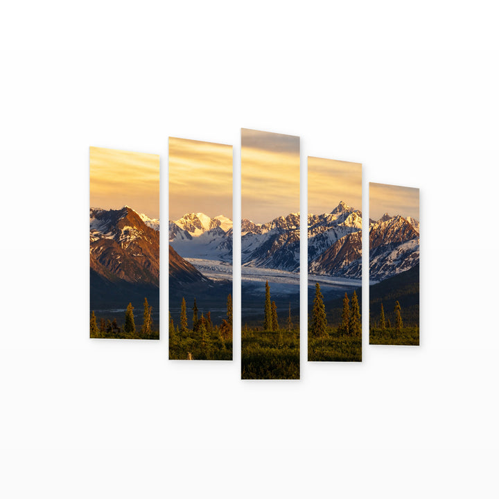 Landscape in Alaska at Golden Sunset — five-panel wall art on white background in perspective | 5wallart 55574 M1