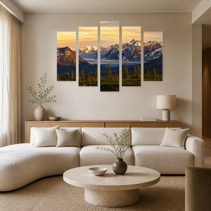 Landscape in Alaska at Golden Sunset — five-panel wall art in alternate frontal interior | 5wallart 55574 M4