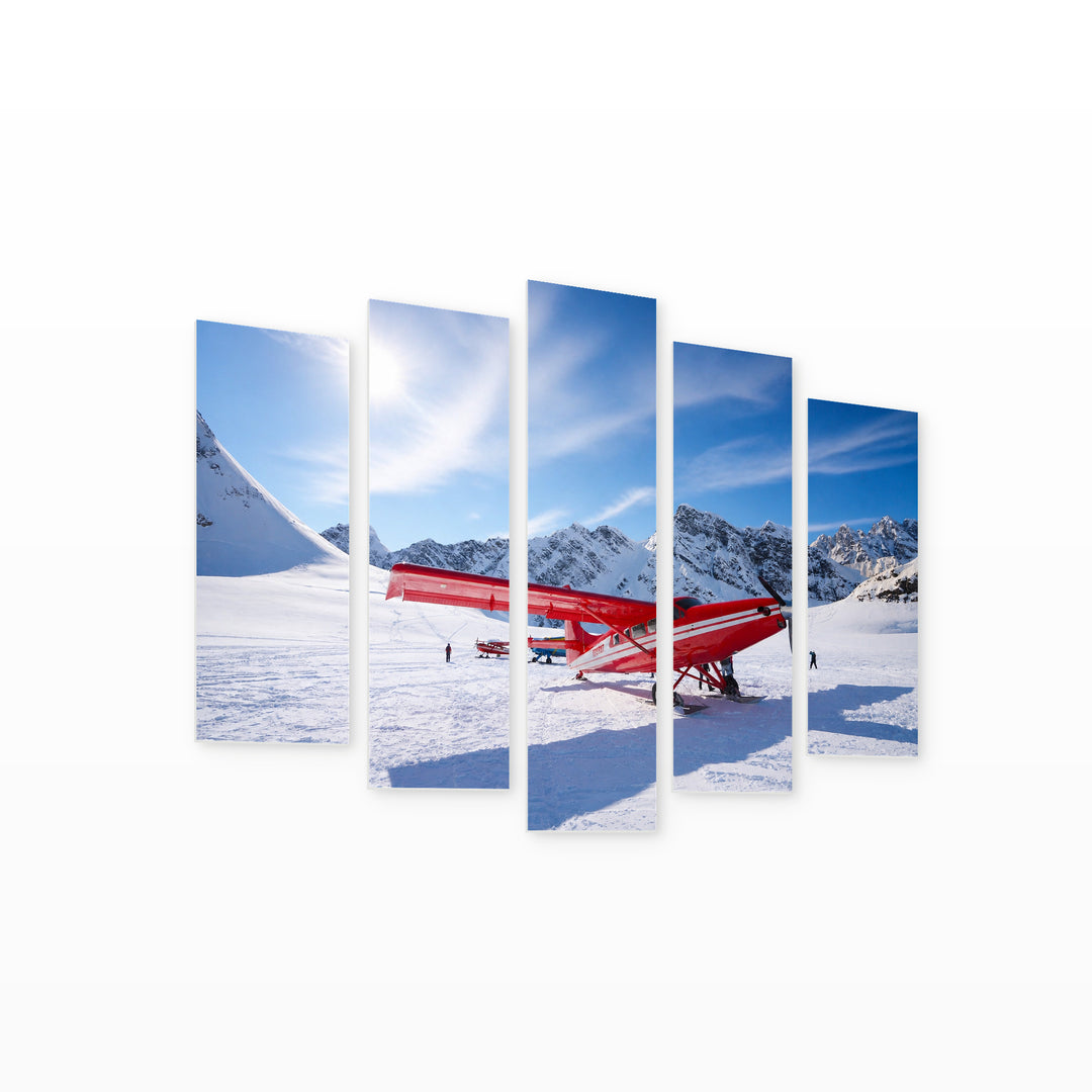 Red Airplane and Glacier in Winter — five-panel wall art on white background in perspective | 5wallart 55575 M1