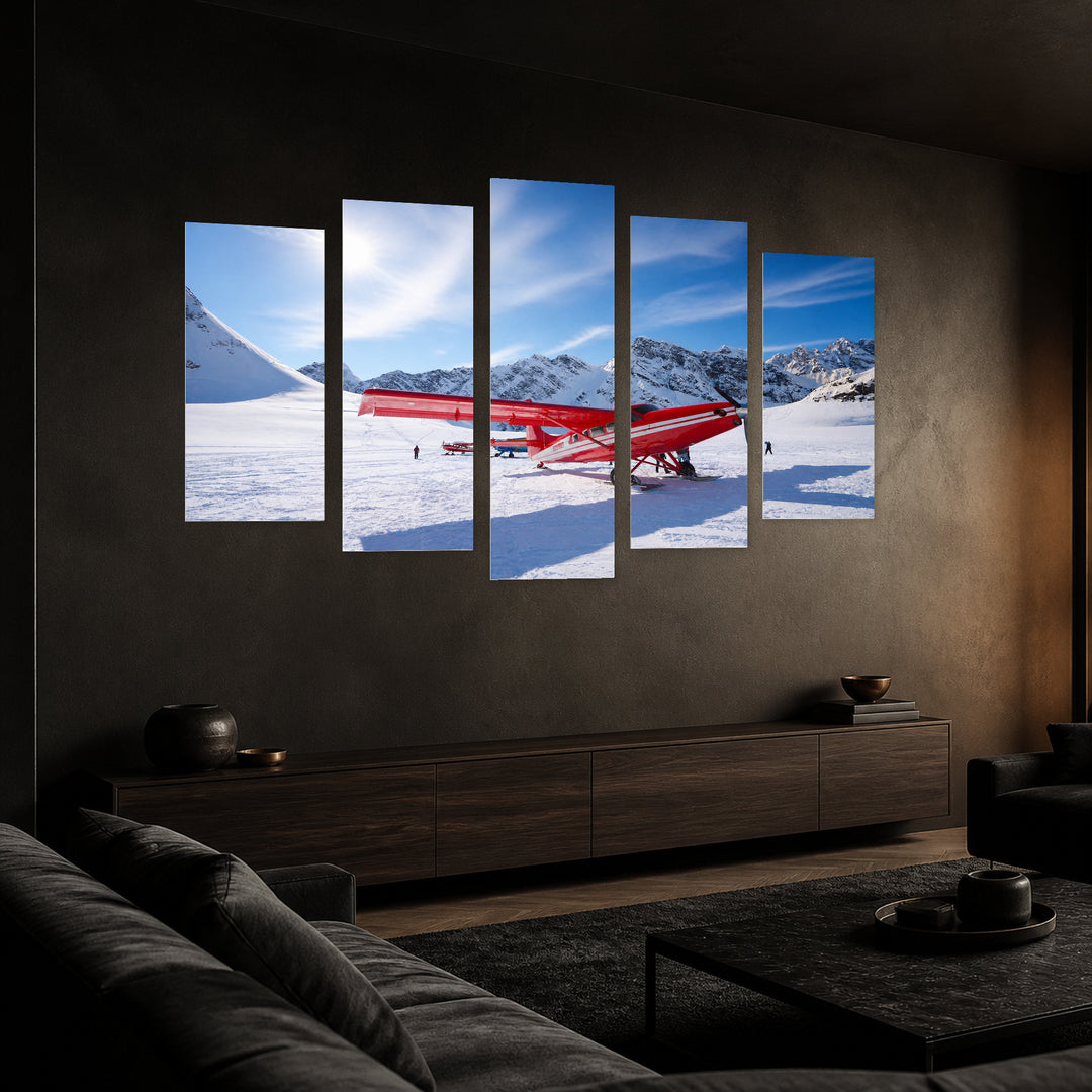Red Airplane and Glacier in Winter — five-panel wall art in perspective interior | 5wallart 55575 M2