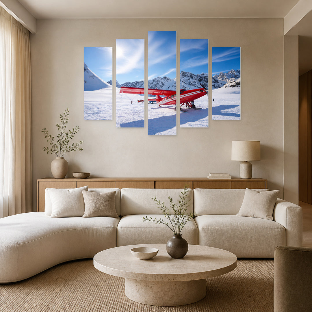 Red Airplane and Glacier in Winter — five-panel wall art in frontal interior | 5wallart 55575 M3