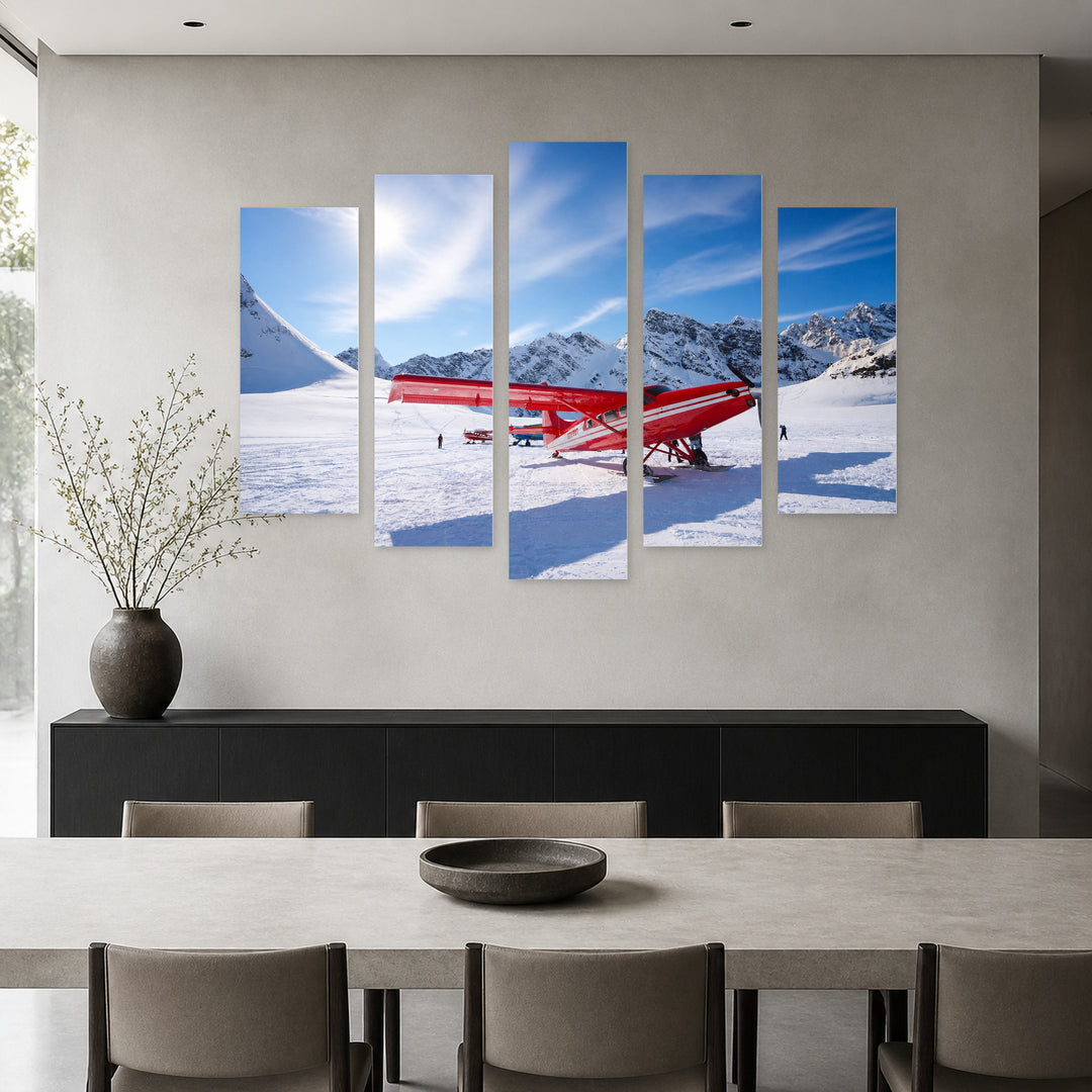 Red Airplane and Glacier in Winter — five-panel wall art in alternate frontal interior | 5wallart 55575 M4