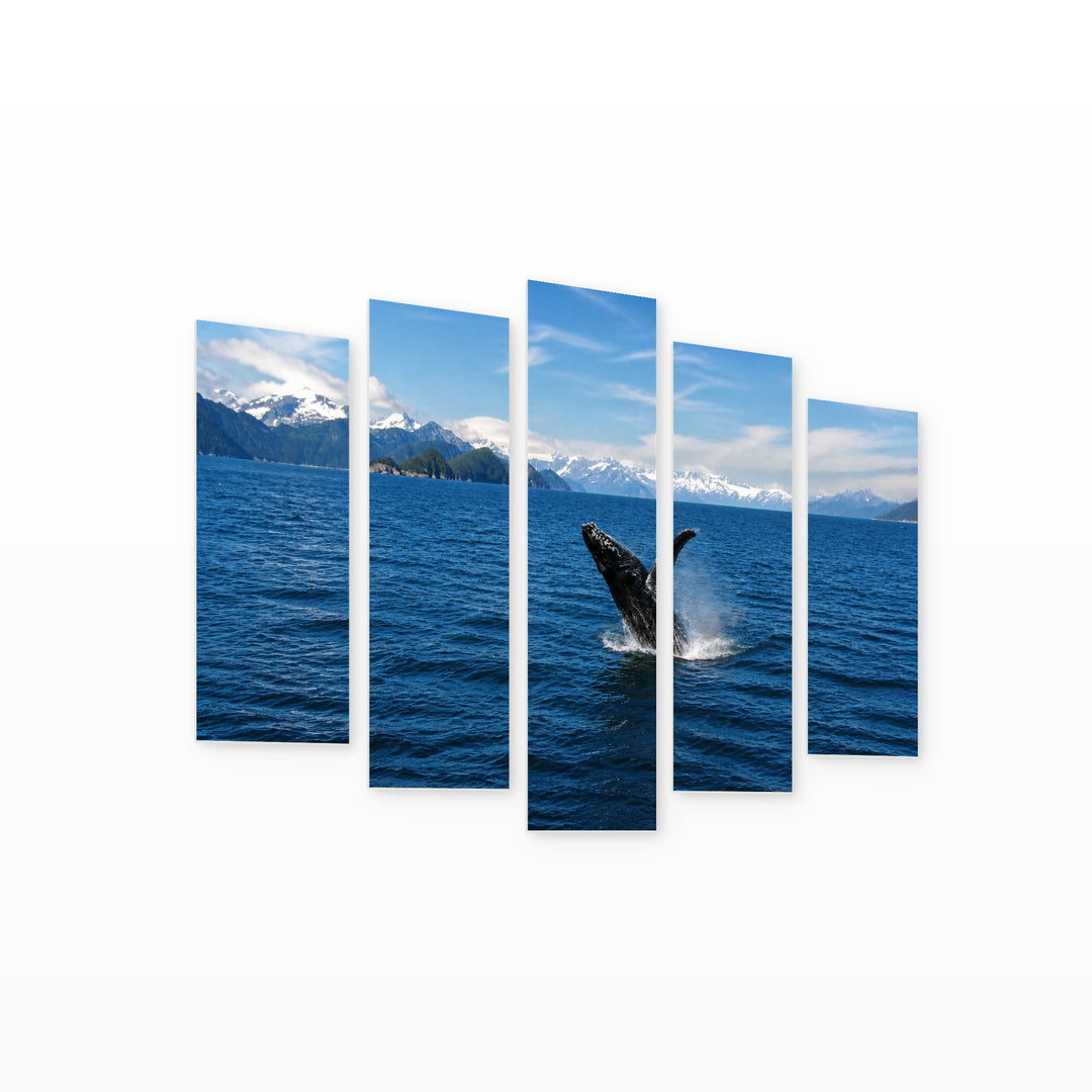 Whale in the Sea with Dreamlike Atmosphere — five-panel wall art on white background in perspective | 5wallart 55576 M1