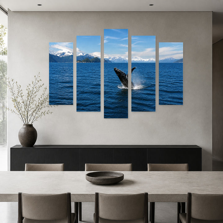 Whale in the Sea with Dreamlike Atmosphere — five-panel wall art in frontal interior | 5wallart 55576 M3