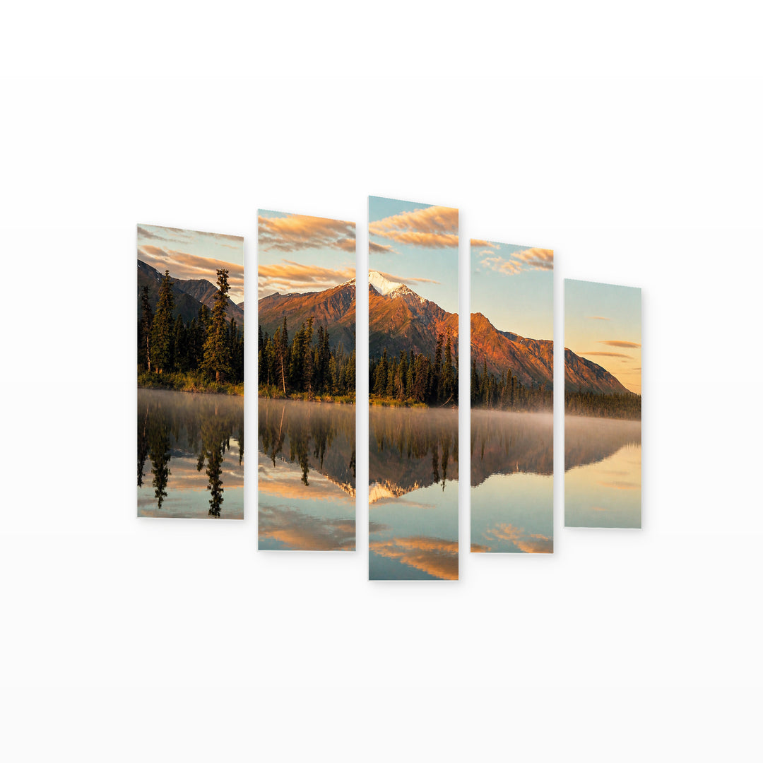 Mountain Lake in Alaska at Golden Sunset — five-panel wall art on white background in perspective | 5wallart 55577 M1