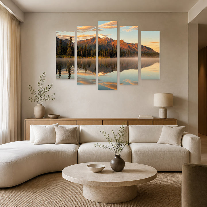 Mountain Lake in Alaska at Golden Sunset — five-panel wall art in frontal interior | 5wallart 55577 M3