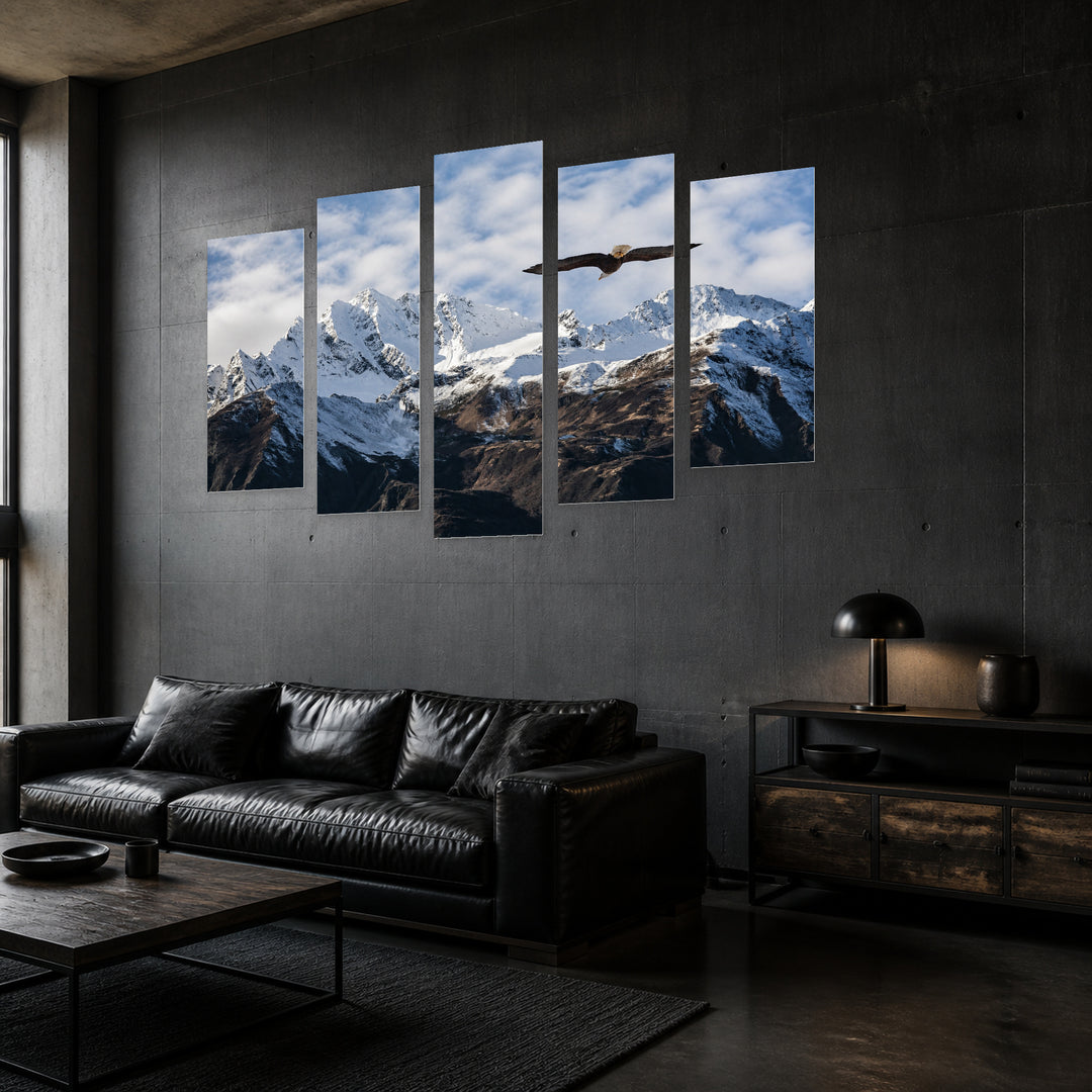 Flying Eagle in Alaska in Winter — five-panel wall art in perspective interior | 5wallart 55578 M2