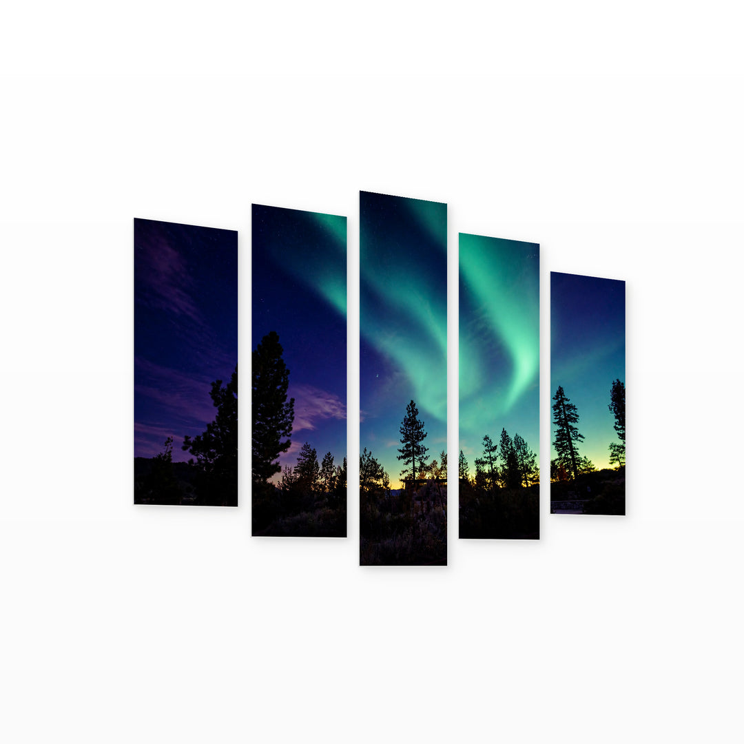 Northern Lights in Alaska at Night — five-panel wall art on white background in perspective | 5wallart 55579 M1