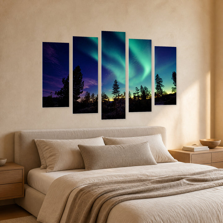Northern Lights in Alaska at Night — five-panel wall art in perspective interior | 5wallart 55579 M2