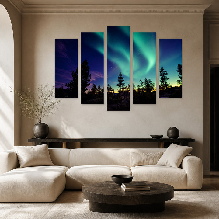 Northern Lights in Alaska at Night — five-panel wall art in frontal interior | 5wallart 55579 M3