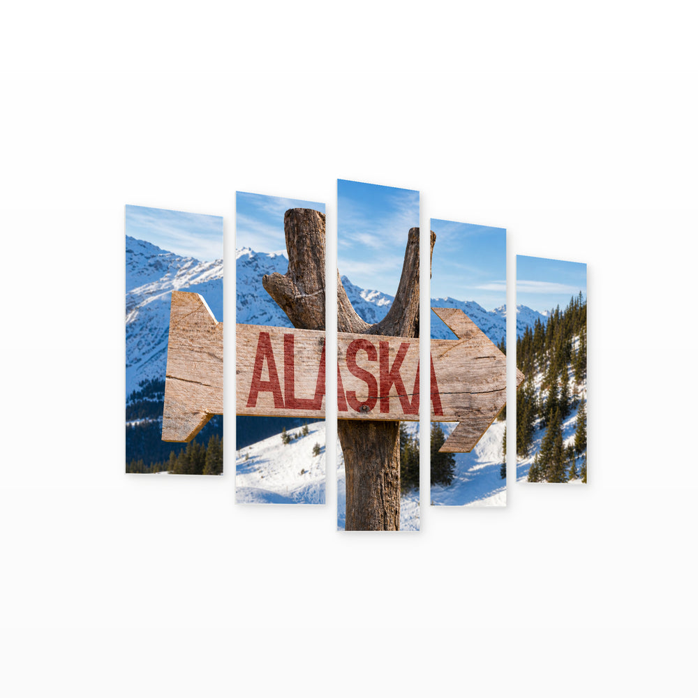 Wooden Alaska Sign with Geometric Rhythm — five-panel wall art on white background in perspective | 5wallart 55581 M1