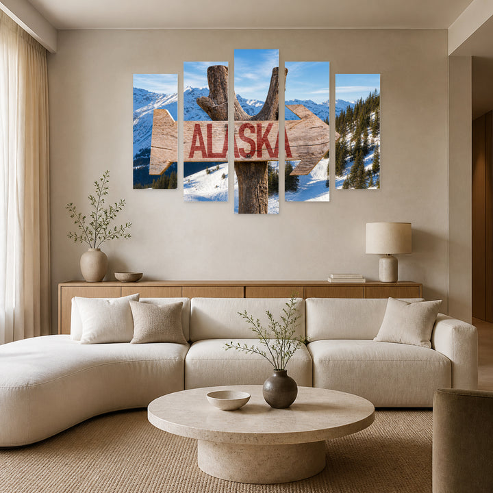 Wooden Alaska Sign with Geometric Rhythm — five-panel wall art in frontal interior | 5wallart 55581 M3