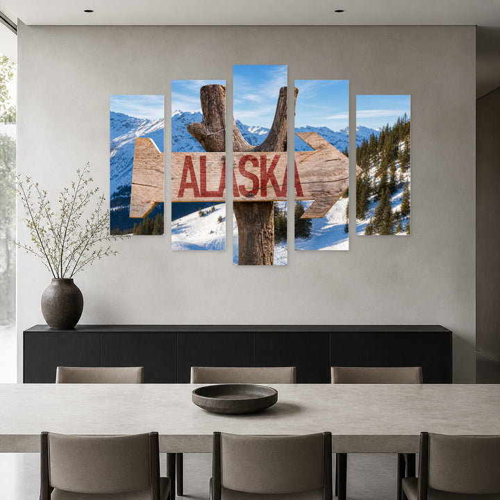 Wooden Alaska Sign with Geometric Rhythm — five-panel wall art in alternate frontal interior | 5wallart 55581 M4