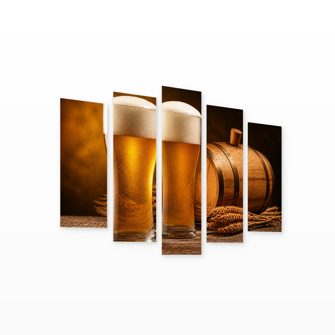 Beer Barrel and Beers Still Life — five-panel wall art on white background in perspective | 5wallart 55585 M1
