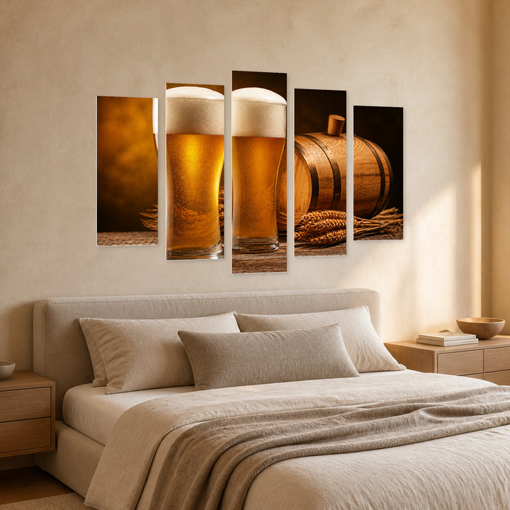 Beer Barrel and Beers Still Life — five-panel wall art in perspective interior | 5wallart 55585 M2