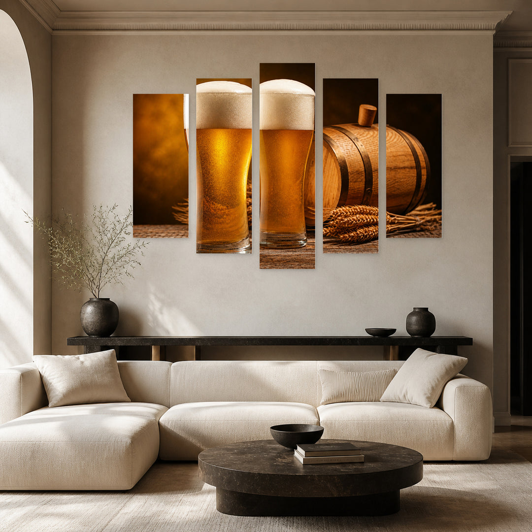 Beer Barrel and Beers Still Life — five-panel wall art in frontal interior | 5wallart 55585 M3