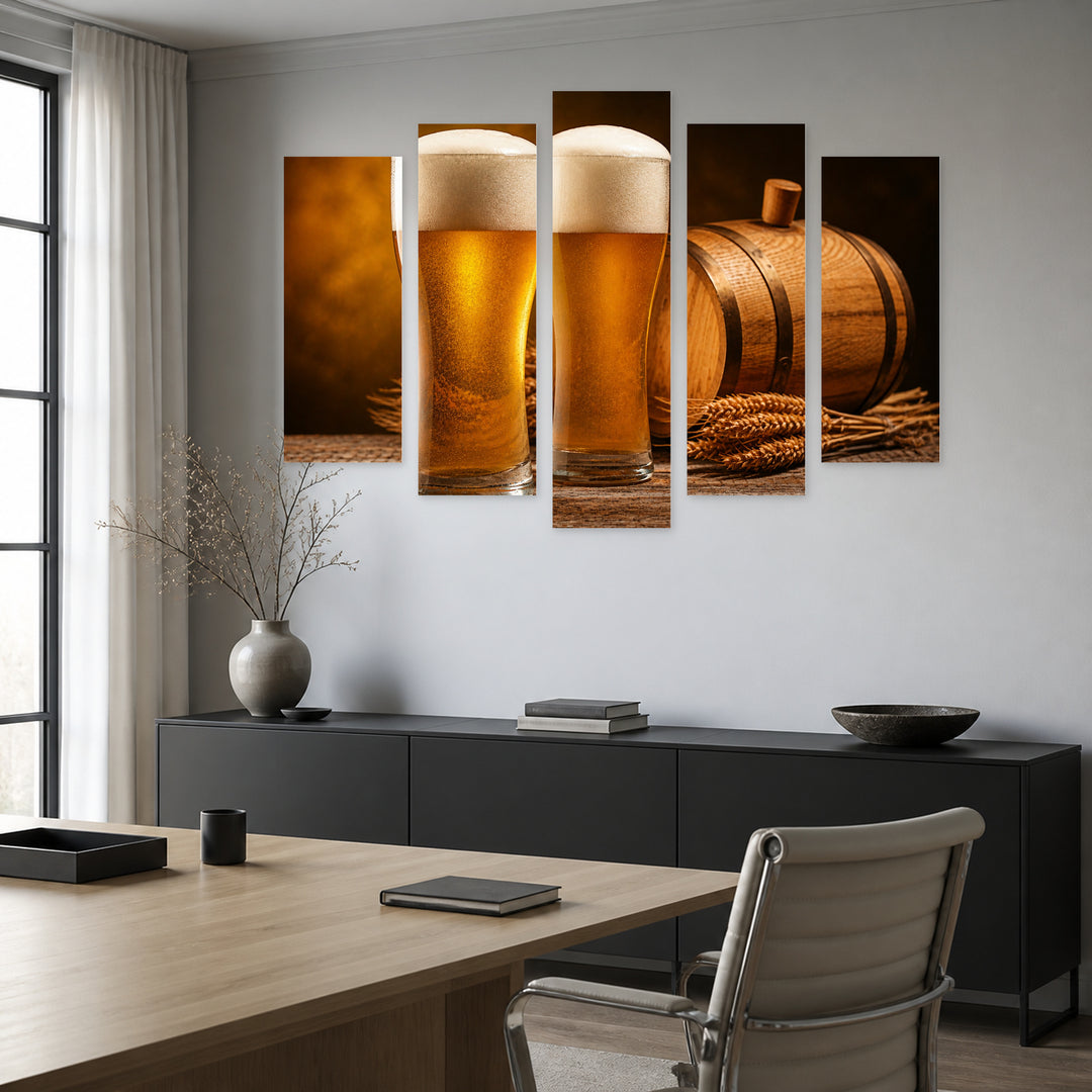 Beer Barrel and Beers Still Life — five-panel wall art in alternate frontal interior | 5wallart 55585 M4