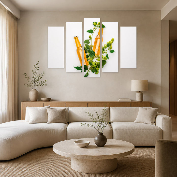 Beer and Hops Still Life — five-panel wall art in alternate frontal interior | 5wallart 55586 M4