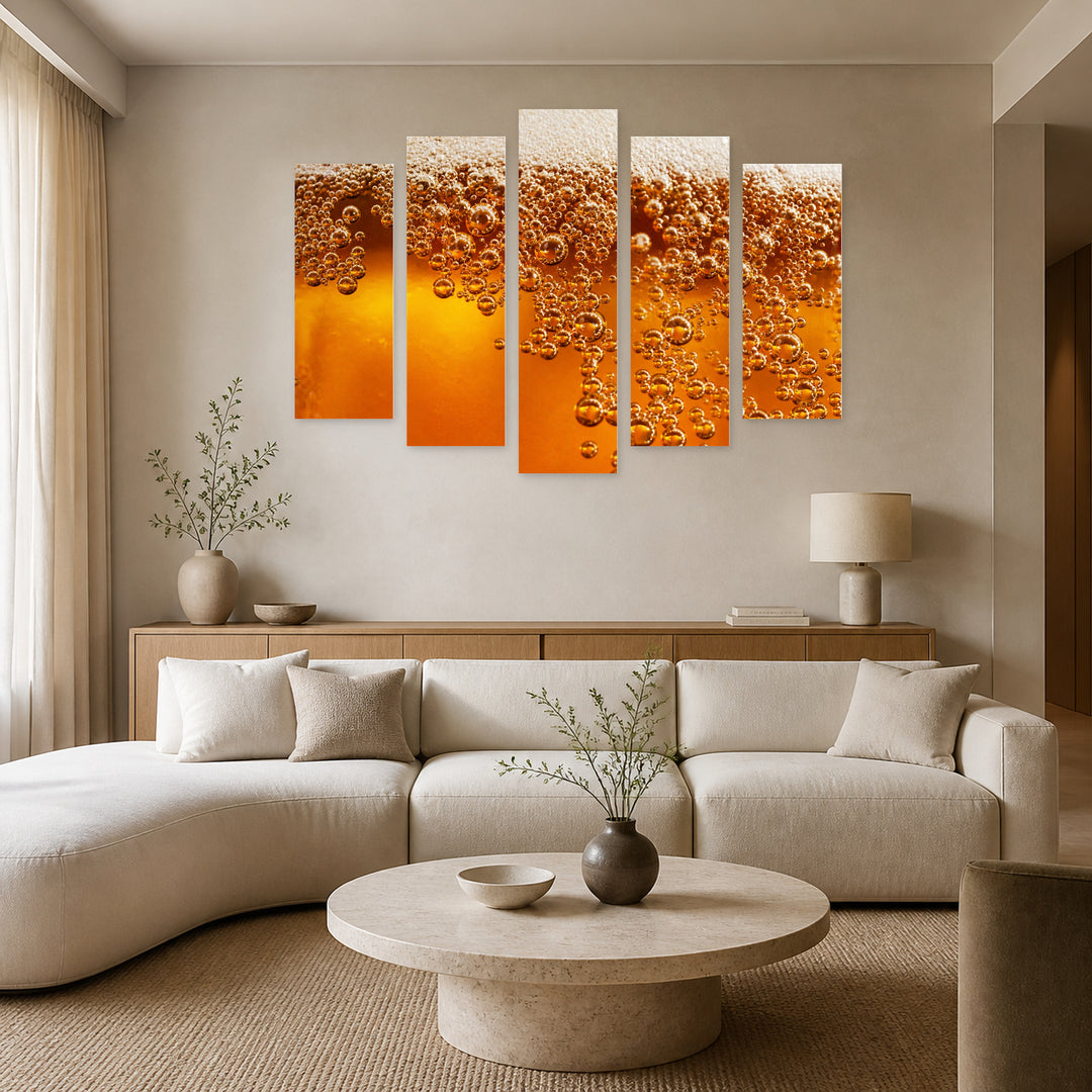 Beer Foam Still Life — five-panel wall art in alternate frontal interior | 5wallart 55588 M4