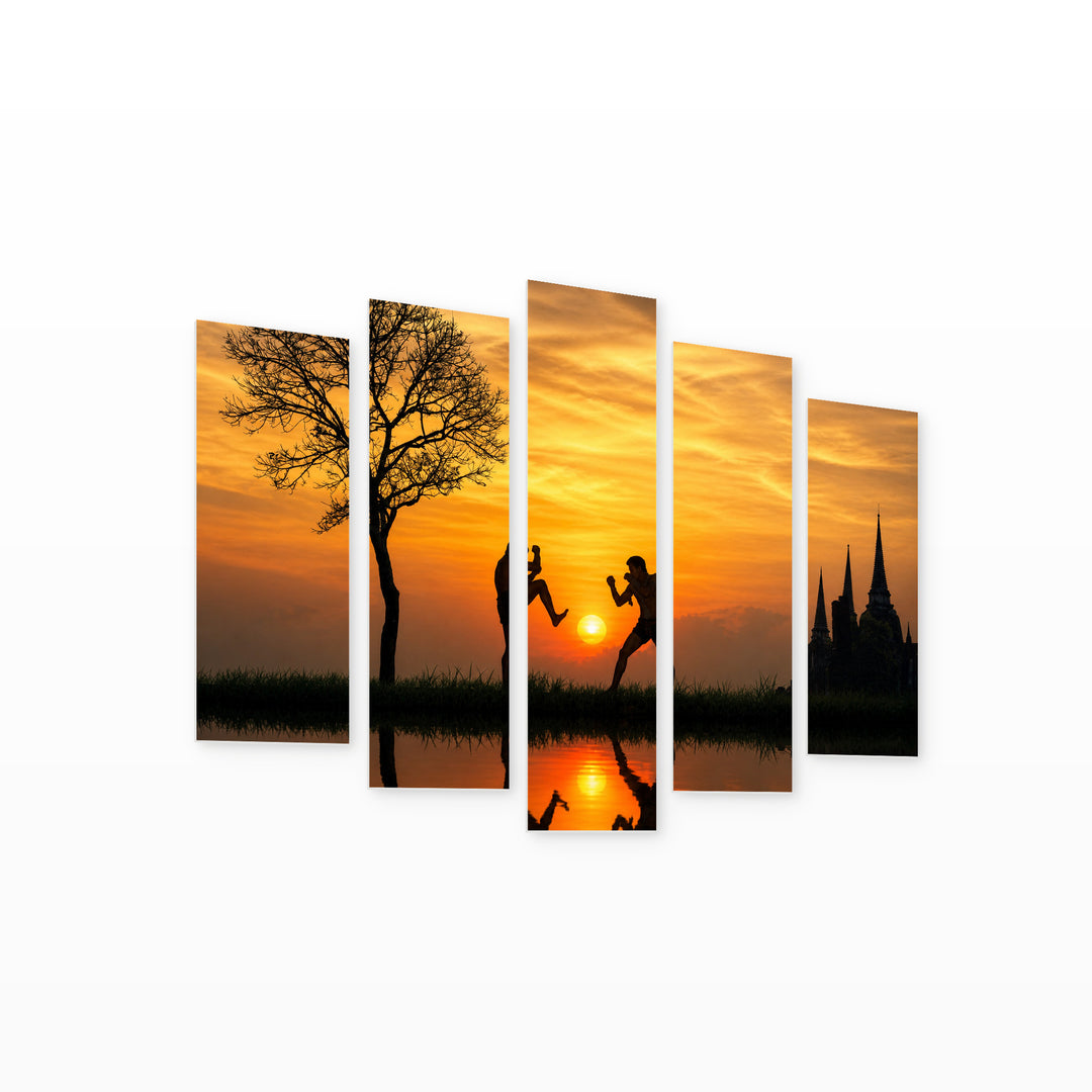 Golden Sunset over Muay Thai — five-panel wall art on white background in perspective | 5wallart 55591 M1
