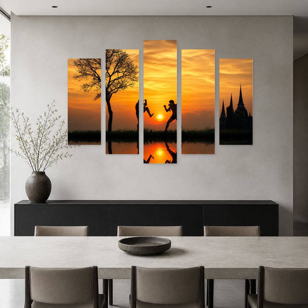 Golden Sunset over Muay Thai — five-panel wall art in alternate frontal interior | 5wallart 55591 M4