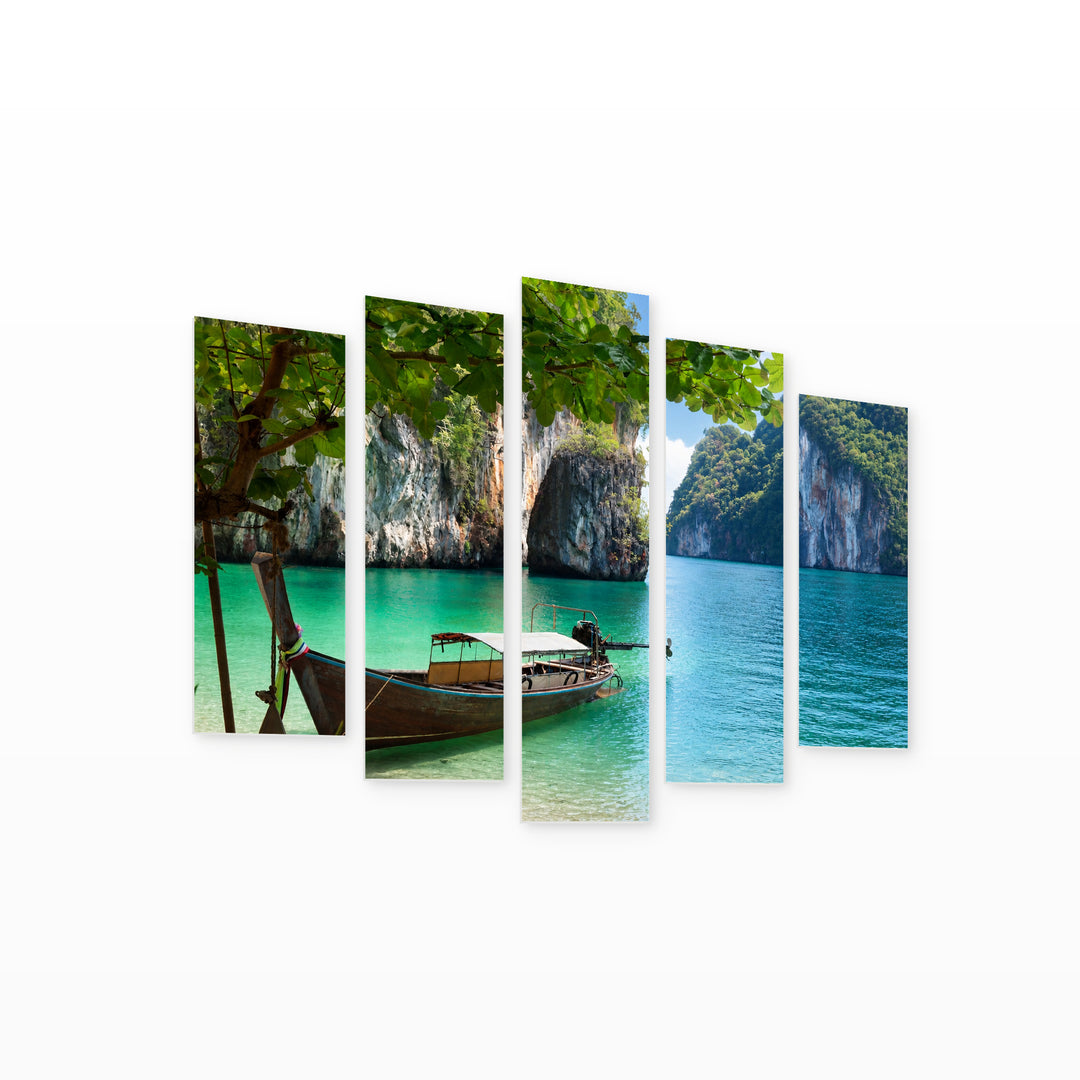 Boat on an Island in Thailand Coastal Panorama — five-panel wall art on white background in perspective | 5wallart 55592 M1