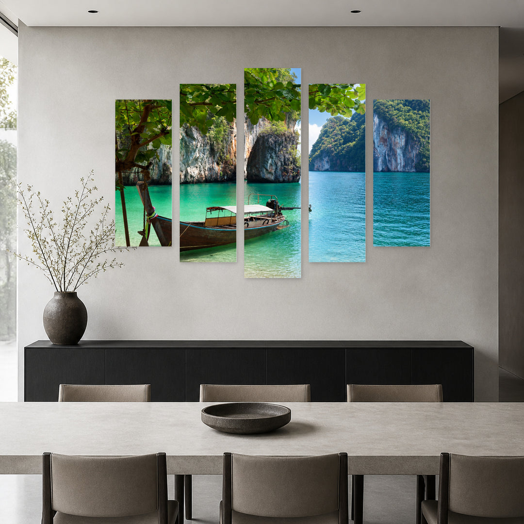 Boat on an Island in Thailand Coastal Panorama — five-panel wall art in frontal interior | 5wallart 55592 M3