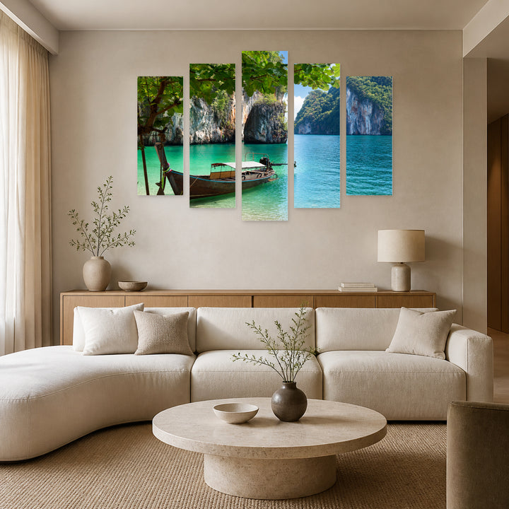 Boat on an Island in Thailand Coastal Panorama — five-panel wall art in alternate frontal interior | 5wallart 55592 M4