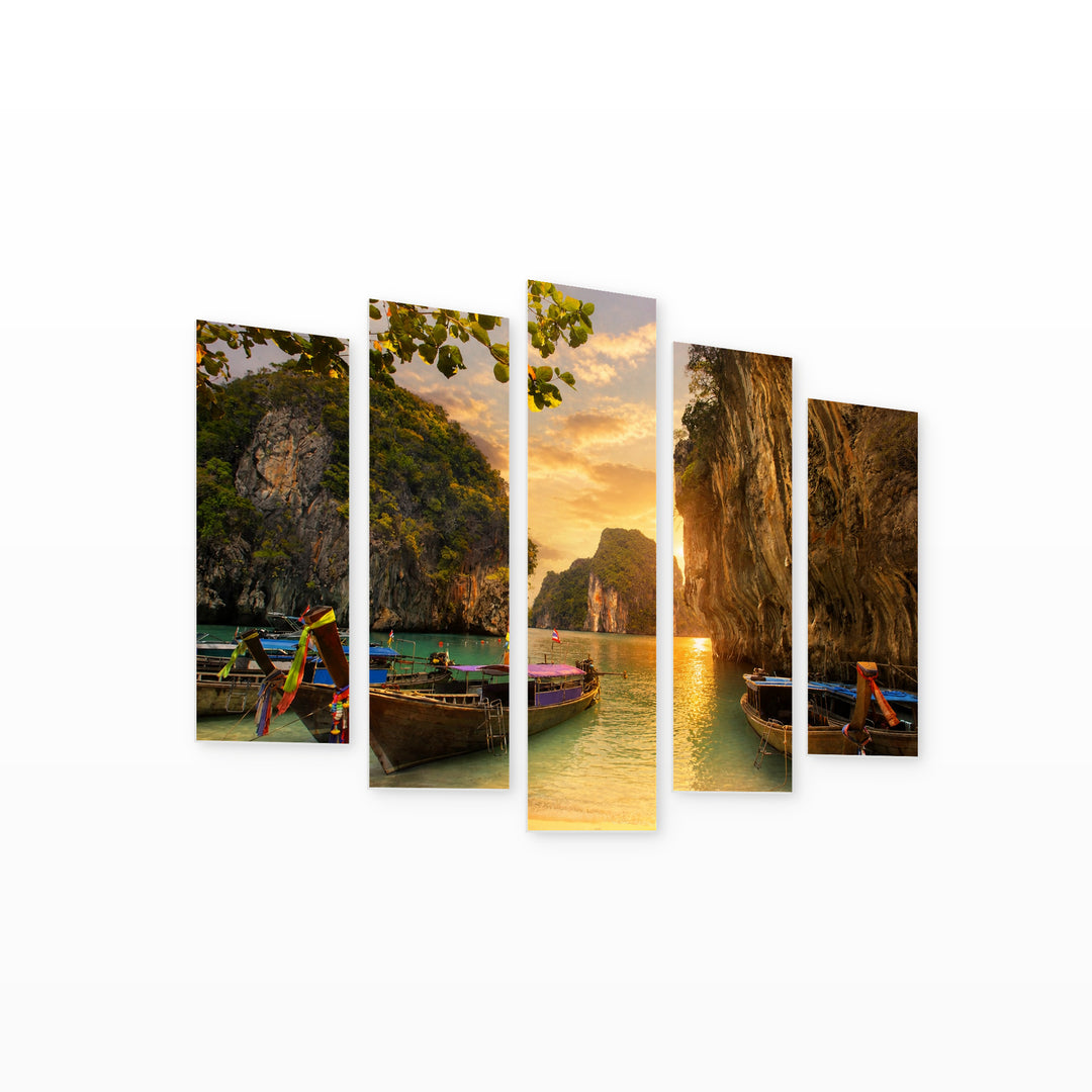 Boats in Thailand at Golden Sunset — five-panel wall art on white background in perspective | 5wallart 55593 M1