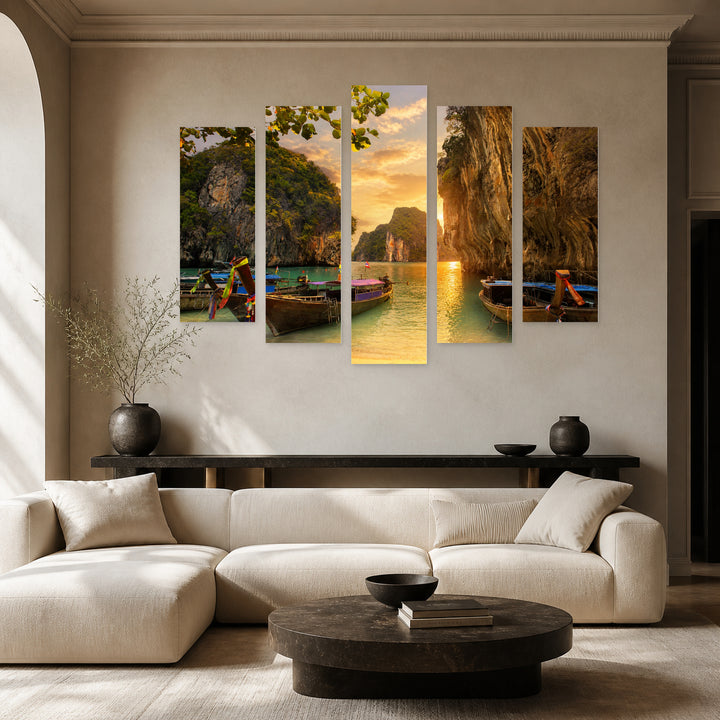Boats in Thailand at Golden Sunset — five-panel wall art in frontal interior | 5wallart 55593 M3