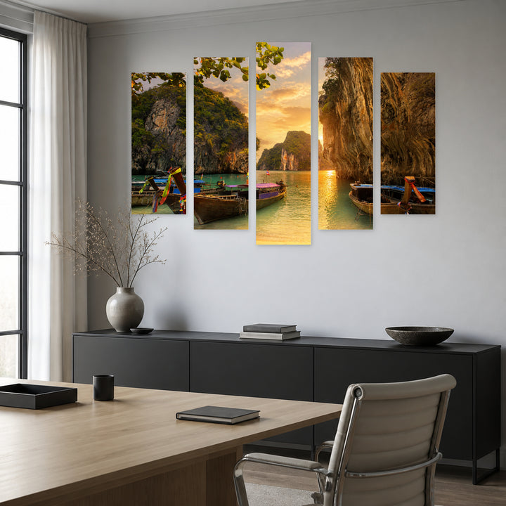 Boats in Thailand at Golden Sunset — five-panel wall art in alternate frontal interior | 5wallart 55593 M4