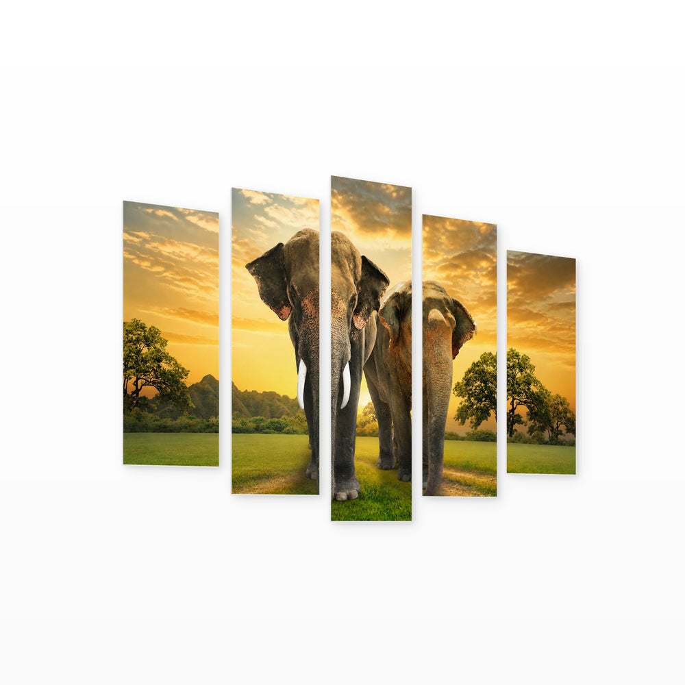 Golden Sunset over Elephants — five-panel wall art on white background in perspective | 5wallart 55594 M1