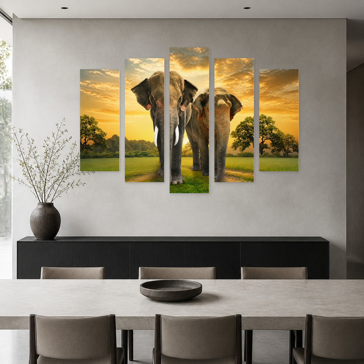 Golden Sunset over Elephants — five-panel wall art in frontal interior | 5wallart 55594 M3