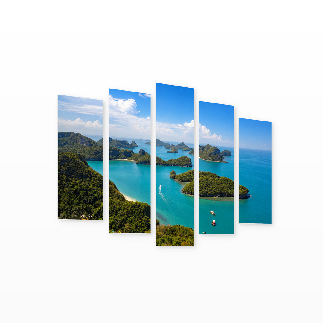 Ang Thong National Marine Park, Thailand Coastal Panorama — five-panel wall art on white background in perspective | 5wallart 55595 M1