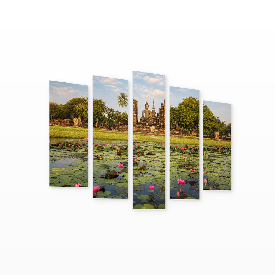 Sukhothai Historical Park in Serene Light — five-panel wall art on white background in perspective | 5wallart 55596 M1