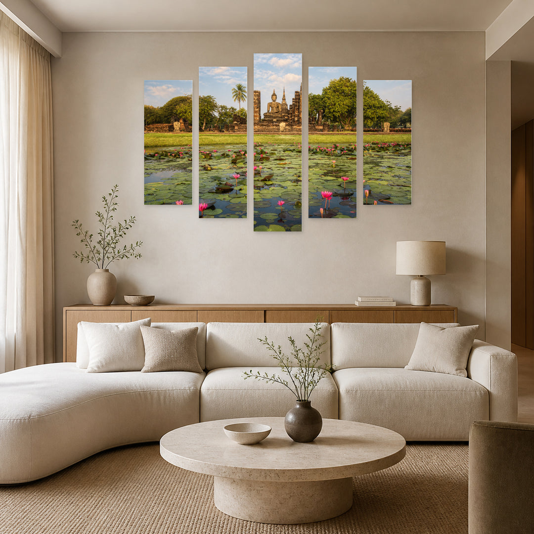 Sukhothai Historical Park in Serene Light — five-panel wall art in alternate frontal interior | 5wallart 55596 M4
