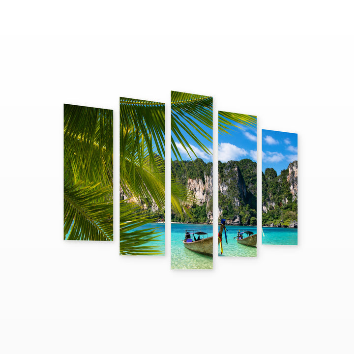 Tropical Beach in Blue and Gold — five-panel wall art on white background in perspective | 5wallart 55597 M1