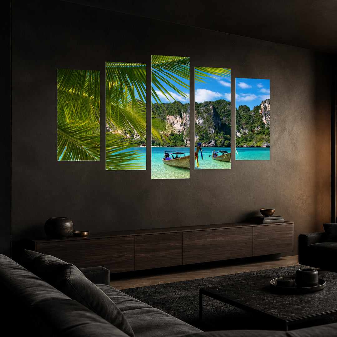 Tropical Beach in Blue and Gold — five-panel wall art in perspective interior | 5wallart 55597 M2