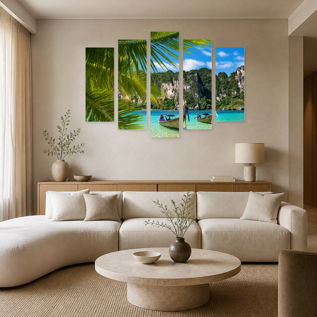 Tropical Beach in Blue and Gold — five-panel wall art in frontal interior | 5wallart 55597 M3