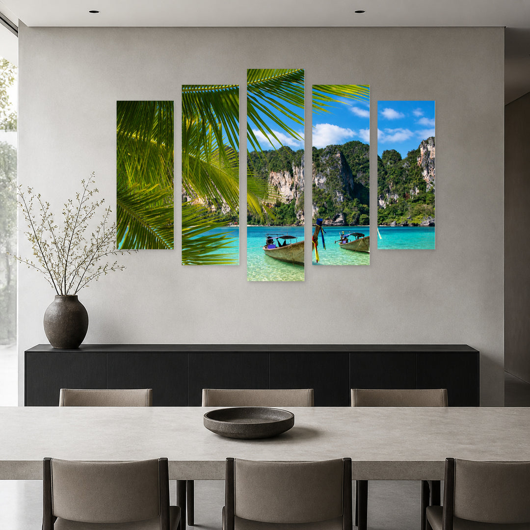 Tropical Beach in Blue and Gold — five-panel wall art in alternate frontal interior | 5wallart 55597 M4