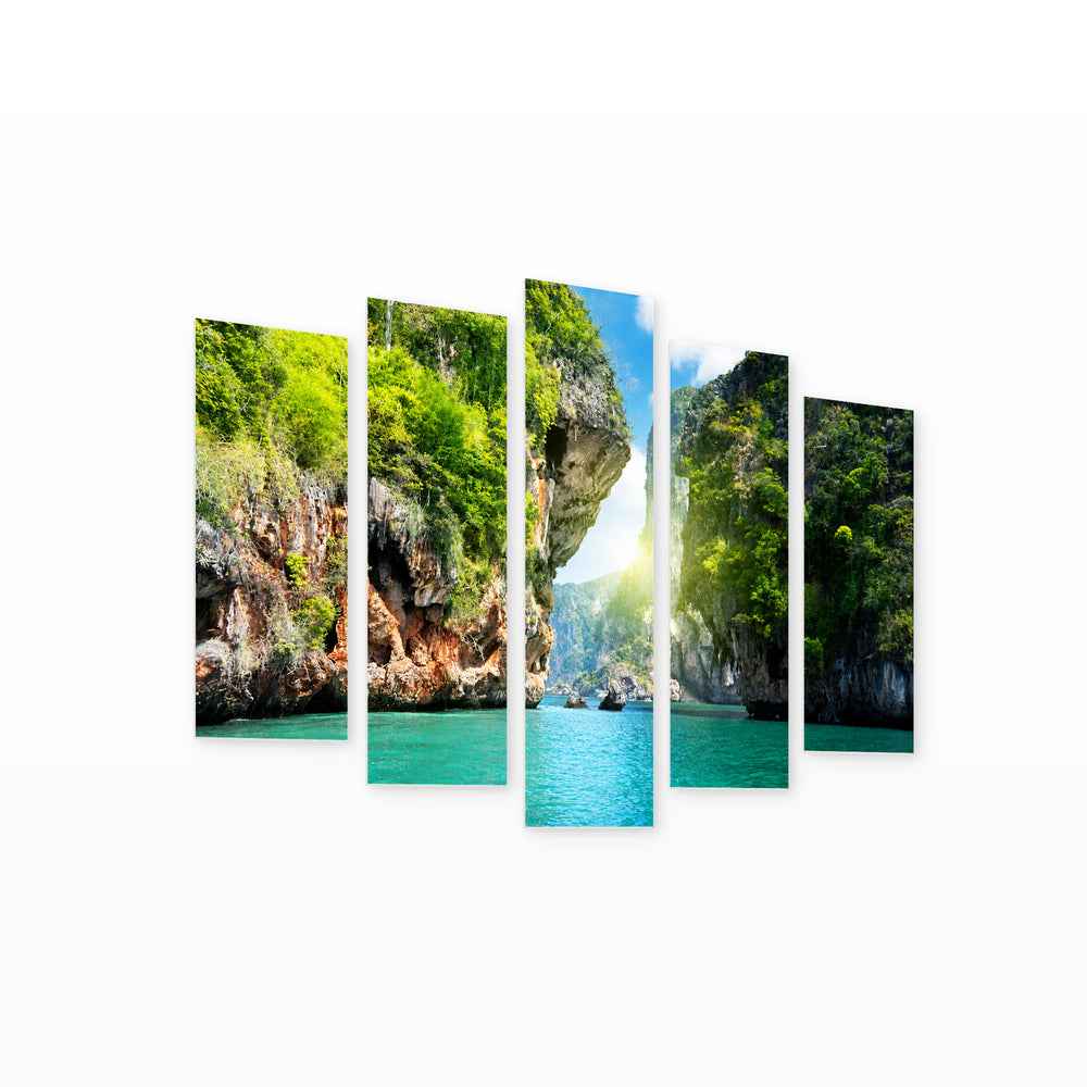 Landscape in Krabi, Thailand with Dreamlike Atmosphere — five-panel wall art on white background in perspective | 5wallart 55599 M1