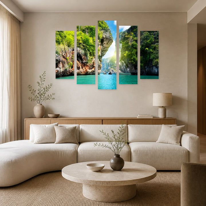 Landscape in Krabi, Thailand with Dreamlike Atmosphere — five-panel wall art in frontal interior | 5wallart 55599 M3
