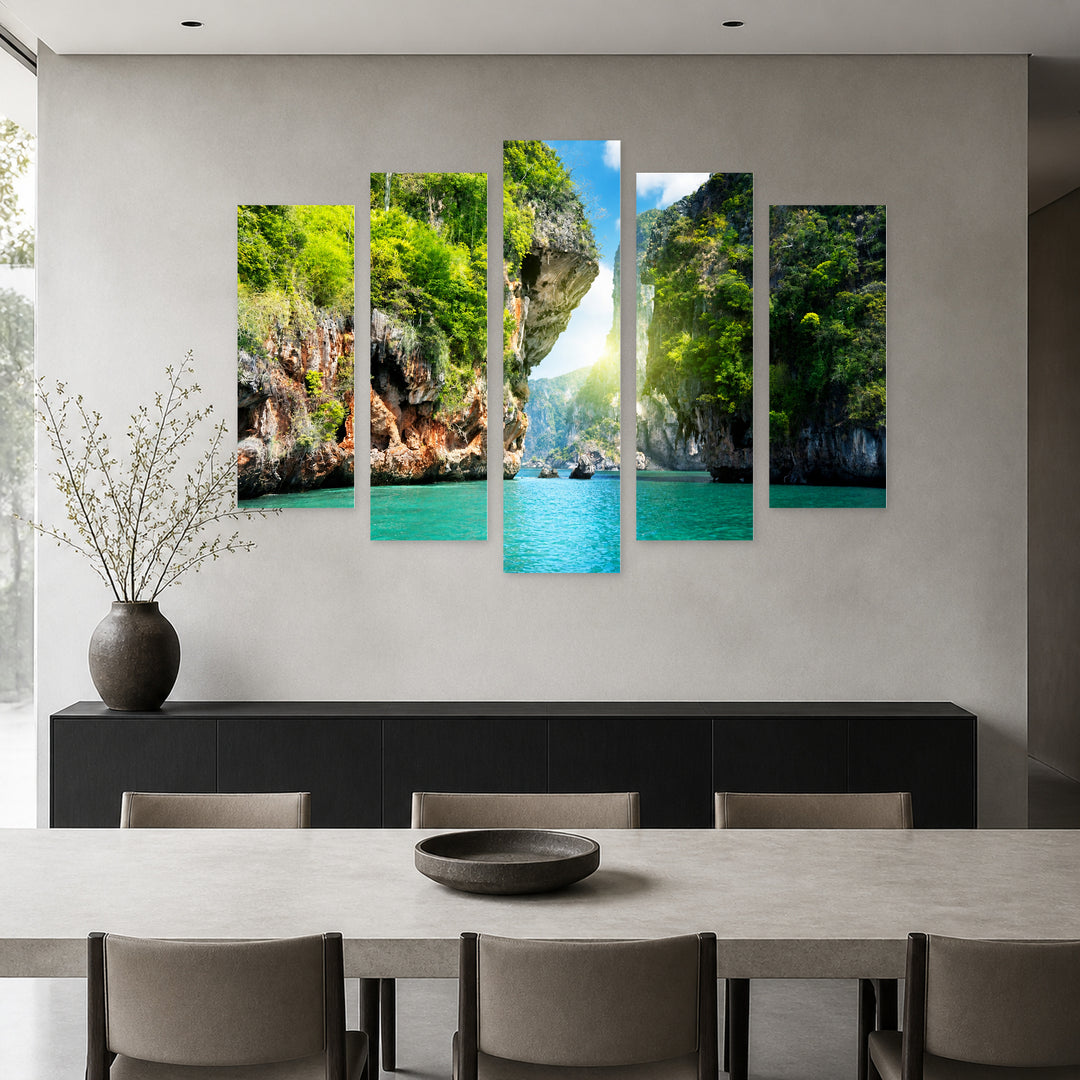 Landscape in Krabi, Thailand with Dreamlike Atmosphere — five-panel wall art in alternate frontal interior | 5wallart 55599 M4