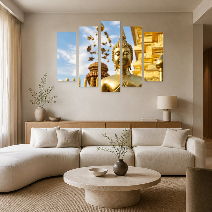 Buddha Statue in Serene Light — five-panel wall art in alternate frontal interior | 5wallart 55600 M4