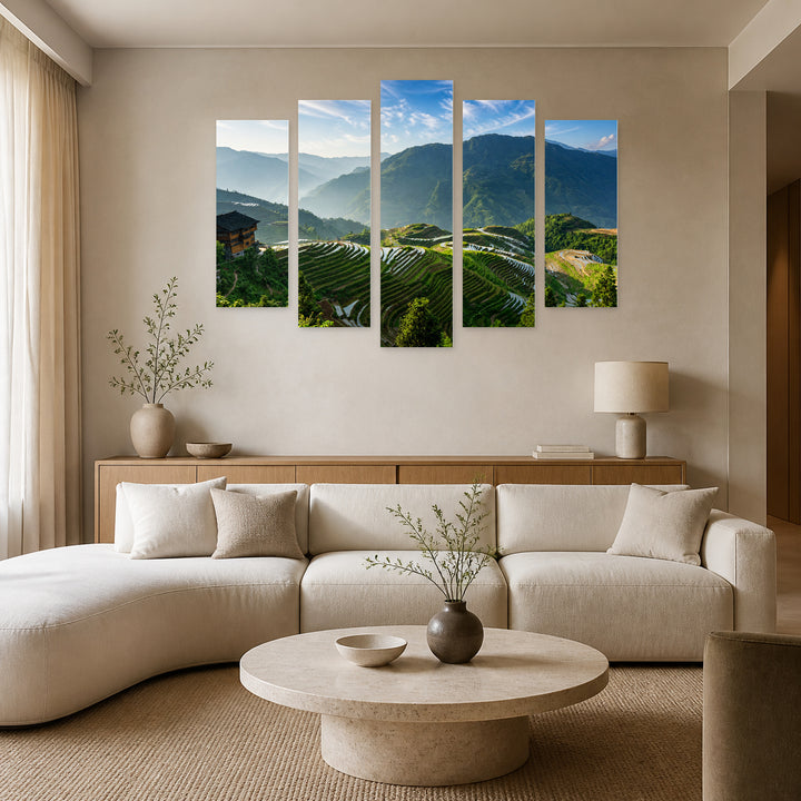 Terraced Rice Fields in Vivid Color — five-panel wall art in frontal interior | 5wallart 55601 M3